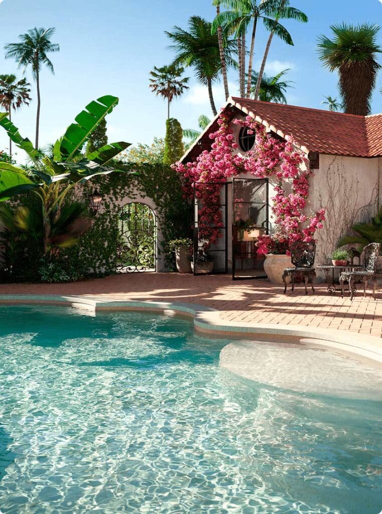 Fiberglass pool surrounded by tropical landscaping and a stucco home with arched windows.