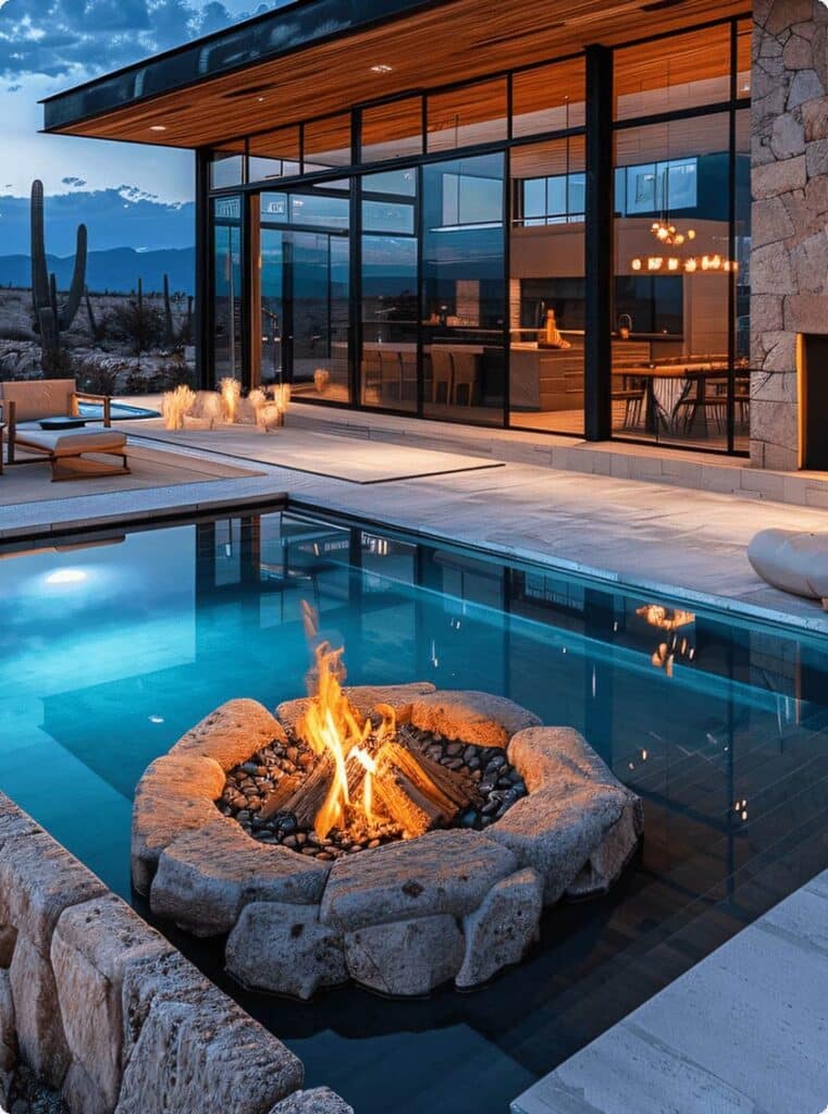 Relaxing backyard with small inground pool and firepit