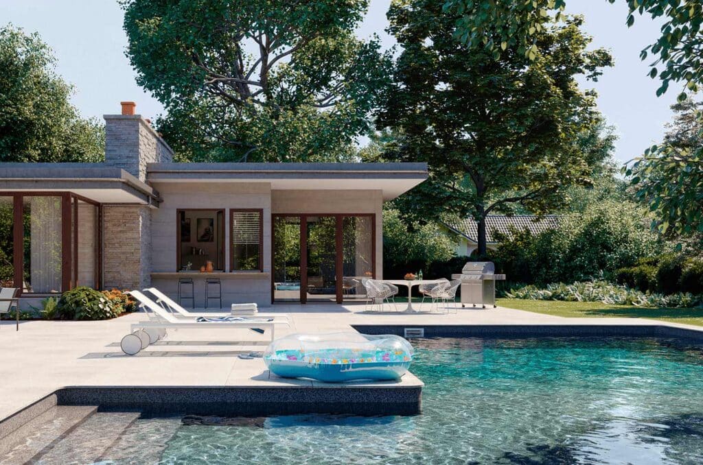 tranquil backyard with stone work, water features and inground pool