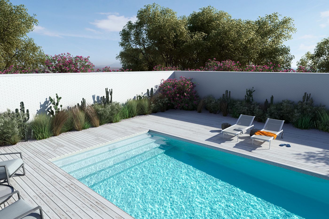 Rectangular fiberglass inground pool with wide entry steps and simple landscaping in a Texas backyard.